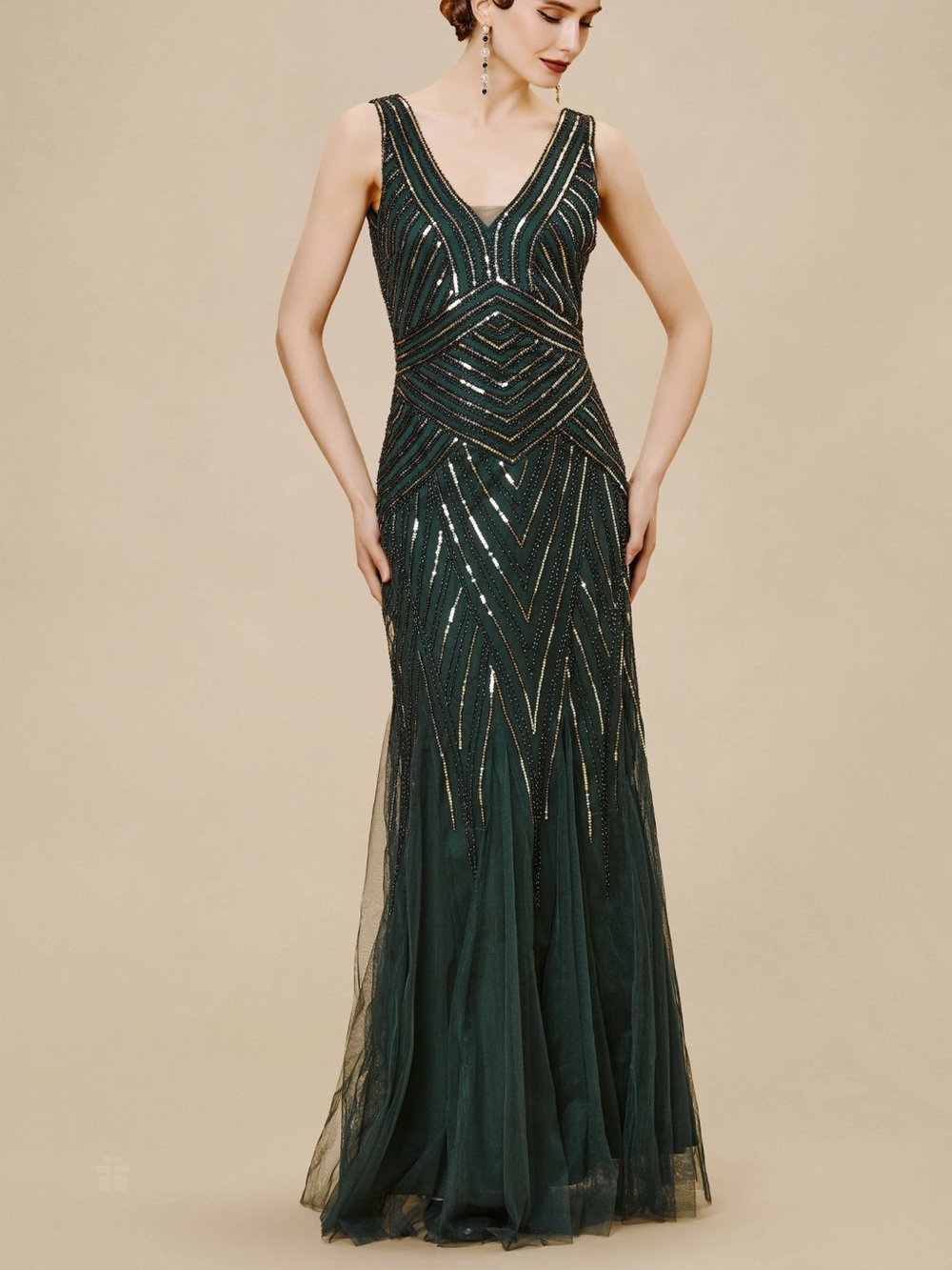 1920s Sleeveless Deep Green Beaded V-Neck Evening Gown